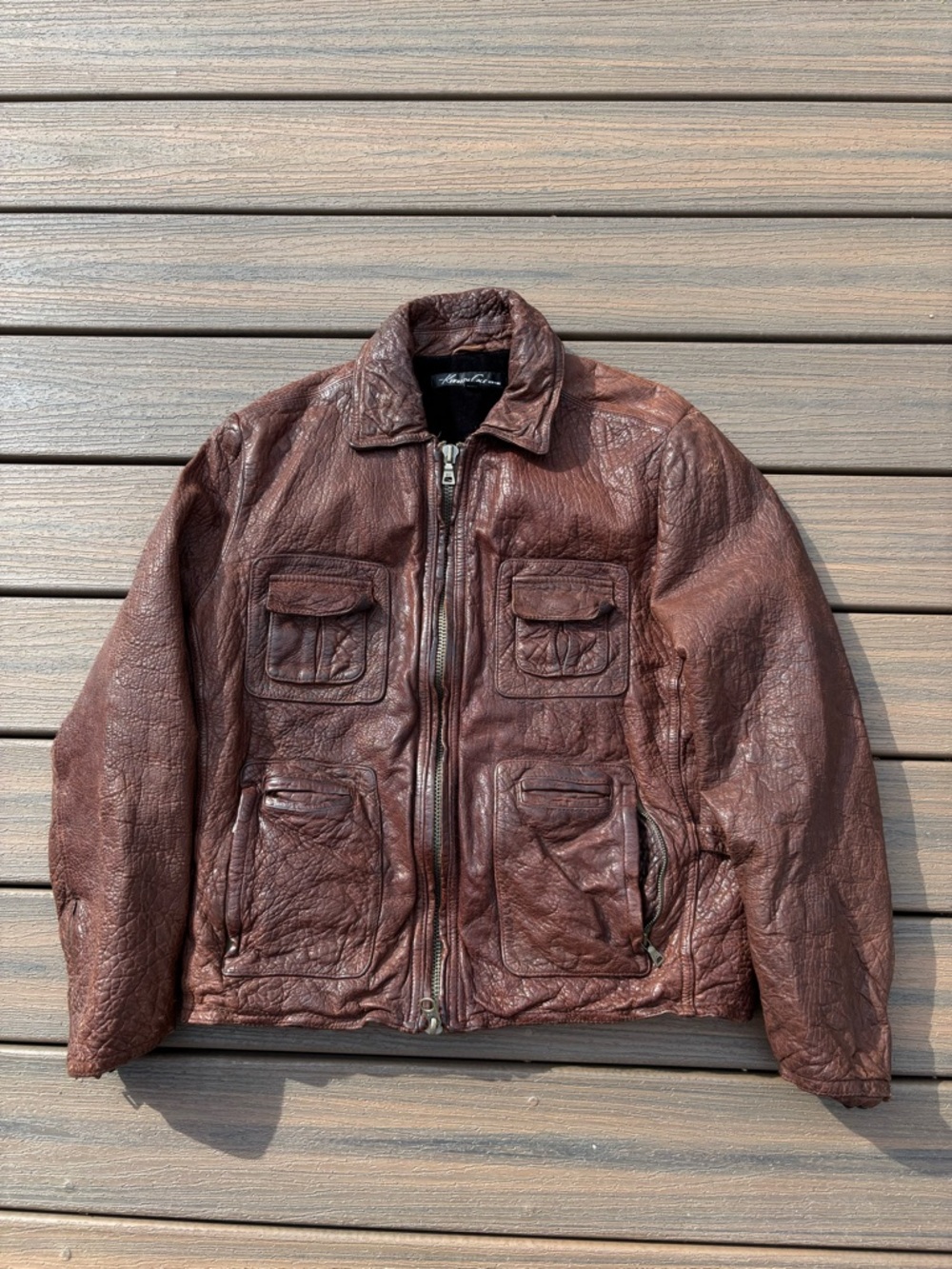 Vintage Kenneth Cole Genuine Leather Aviator Bomber Jacket Brown Worn Men’s L